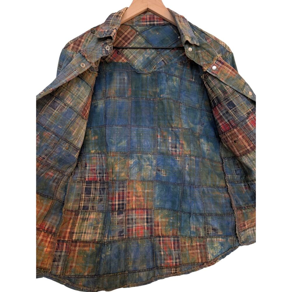 Custom Distresssed Studded Yoke Patchwork Madras Plaid Western Shirt - Picture 6 of 9